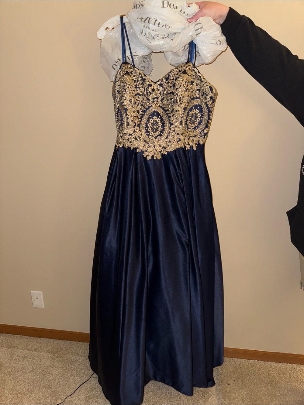 Betsy & Adam Navy Blue Satin Gown with Gold Embroidered Bodice